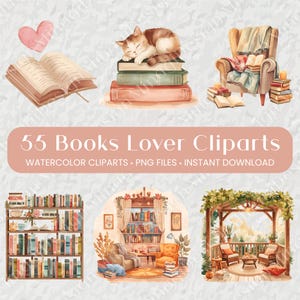Peut inclure: Ensemble de cliparts aquarelle avec des illustrations de livres, un chat dormant sur des livres, un fauteuil confortable et des bibliothèques. Le texte indique "55 Books Lover Cliparts" avec des informations sur le type de fichier et le téléchargement.