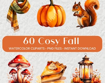 Conjunto de imágenes prediseñadas de acuarela otoñales acogedoras, PNG, calabazas y decoraciones otoñales, estilo cottagecore, para pegatinas, uso comercial.