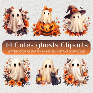 Peut inclure: Ensemble de 14 cliparts de fantômes à l'aquarelle. Chaque fantôme présente un design unique sur le thème d'Halloween, entouré d'arrangements floraux et de citrouilles. Le texte de l'image indique "14 Cutes ghosts Cliparts".