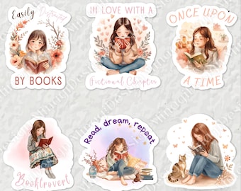 15 watercolor books lover stickers PNG, reading girl, book quotes, bookworm, junk journal,kindle, booktok, instant download, commercial use