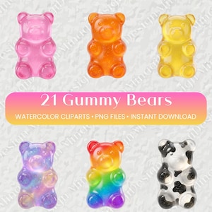 21 gummy bears clipart PNG bundle, rainbow kawaii candy y2k, cute sweets, transparent background, instant download, commercial use