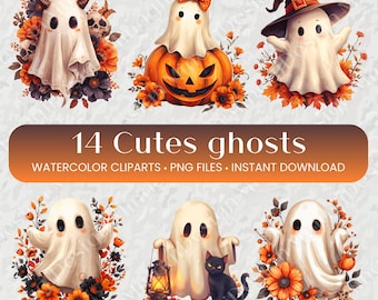 Bundle of 14 watercolor cute halloween ghost clipart PNG, witch hat, spooky pumpkins, for Shirts, Mugs and Stickers , digital download
