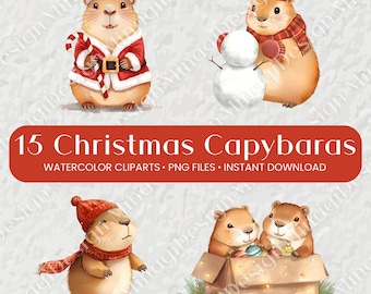 15 Watercolor christmas capybara clipart PNG, winter animal, Kawaii capybara, santa hat animals, holiday clipart set, digital Download