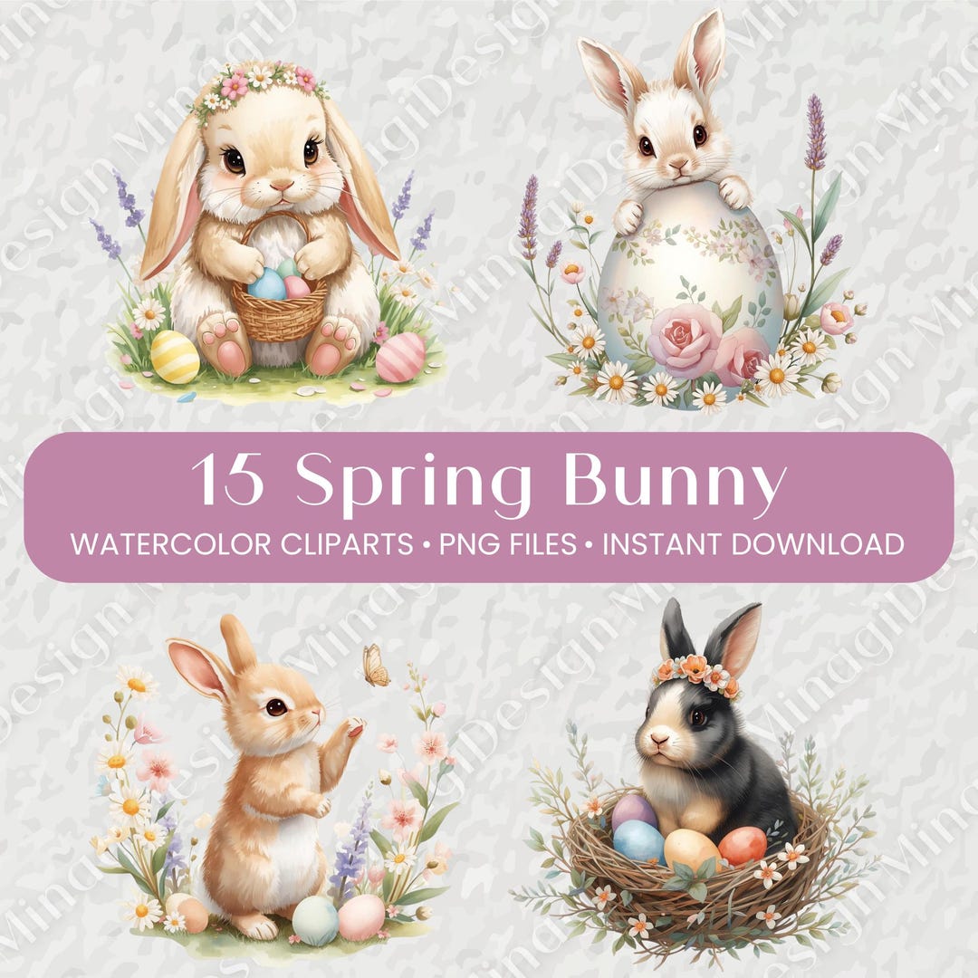 15 Watercolor Spring Bunny PNG Clipart, Cute Bunny Clipart, Realistic ...