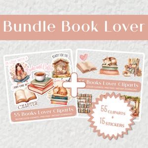 Peut inclure: Un ensemble de cliparts et d'autocollants sur le thème des livres. L'image présente deux ensembles d'illustrations avec des livres, du café et un chat. Le texte comprend "Bundle Book Lover", "55 Books Lover Cliparts" et "55 Cliparts + 15 Stickers".