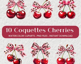 Set mit 10 PNG-Kirsch-Cliparts: Leuchtend rote Kirschen, pinkfarbene Schleife mit Leopardenmuster, verspieltes Design im Y2K-Stil, Sublimationsdruck, kommerzielle Nutzung