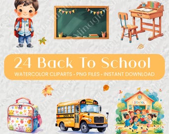 Conjunto de imagens para volta às aulas, PNG em aquarela, material escolar, planejamento para professores, download digital, uso comercial.