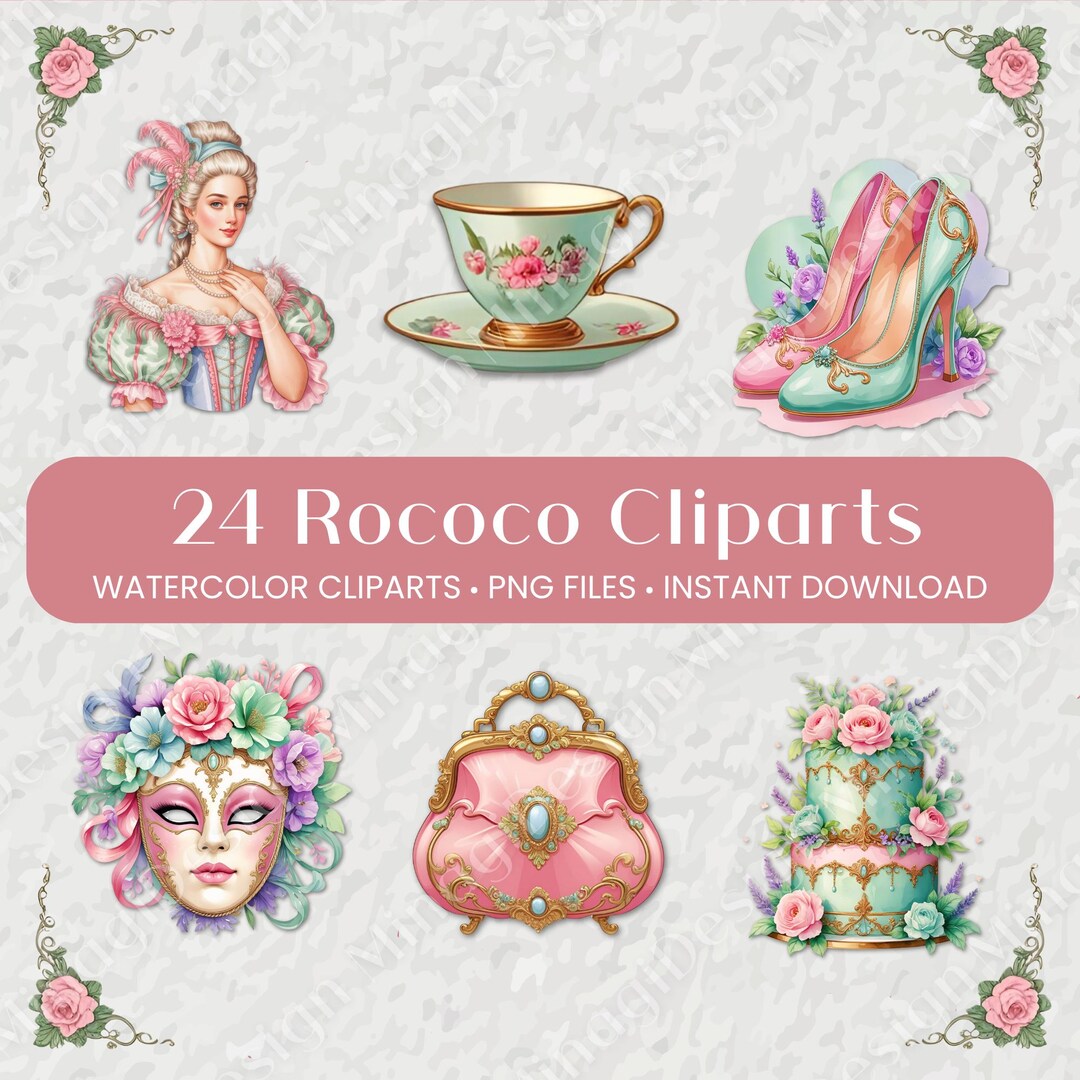 24 Rococo Cliparts PNG, Floral Patterns, Printable Watercolor Clipart ...