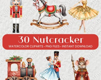 30 imágenes prediseñadas de Cascanueces en acuarela en formato PNG, lindo ballet navideño clásico, imprimibles, descarga digital, uso comercial.