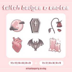 Romantic Goth Twitch Sub Badges Emotes Channel Points Icons Stream Cute Halloween Horror Aesthetic Discord YouTube Emo Pink Kawaii Bit