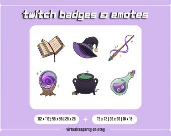 Insignias de suscripción de Twitch de bruja mágica, emoticonos, puntos de canal, íconos, transmisión, estética morada linda, Discord, YouTube, kawaii, gótico, Halloween, insignias, activos