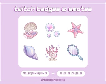 Insignias de suscripción de Twitch de sirena, emoticonos, puntos de canal, íconos, transmisión, lindo, mar, océano, estética, Discord, YouTube, Mermaidcore, conchas moradas kawaii, bit