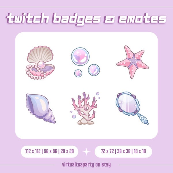 Mermaid Twitch Sub Badges Emotes Channel Points Icons Stream Cute Sea Ocean Aesthetic Discord YouTube Mermaidcore Purple Kawaii Shells Bit