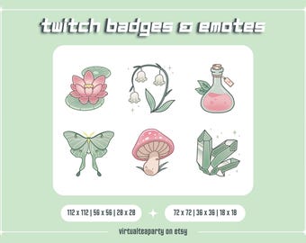 May include: Set of six digital Twitch badges and emotes featuring nature-inspired designs. The badges include a pink lotus flower, a green moth, a pink mushroom, a green crystal, a bottle of pink potion, and a white flower with green leaves.