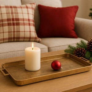 May include: A burning ivory pillar candle and a small red bauble sit on a rectangular, gold-toned tray. The tray is on a wooden table, with a sofa and cushions in the background. Pinecones and greenery add to the festive theme.