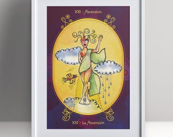 Op de afbeelding: Ingelijste illustratie van een tarotkaart. De kaart toont een figuur in een groene en rode jurk, tegen een gele achtergrond, met de tekst "XXI - Ascension". Het kunstwerk is in een witte lijst geplaatst.