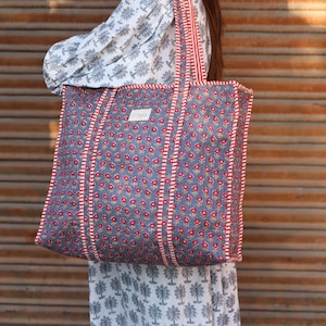 Block Print Quilted Cotton Tote Bag for Women –Handmade Floral Shopper