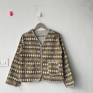 Blue Cotton Quilted Short Jacket: Handmade Block Print Reversible Coat