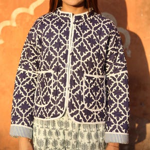 Block Print Cotton Quilted Jacket for Women – Handmade Reversible Blue Jacket