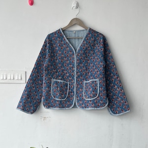 Cotton Women&#39;s Quilted Jacket Block Printed Boho Style Quilted Handmade Jackets, Coat Holidays Gifts Button Closer Jacket for Women Gifts