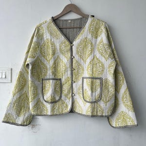 Cotton Women&#39;s Quilted Jacket Block Printed Boho Style Quilted Handmade Jackets, Coat Holidays Gifts Button Closer Jacket for Women Gifts