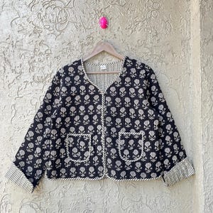Cotton Women&#39;s Quilted Jacket Block Printed Boho Style Quilted Handmade Jackets, Coat Holidays Gifts Button Closer Jacket for Women Gifts