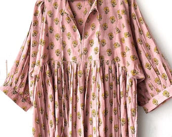 Floral Block Print Cotton Midi Dress: Ethically Handcrafted Summer Dress