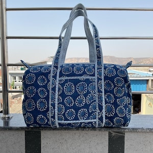 Baumwolltasche indigo Duffle Bag Block Print Stepptasche Vintage Baumwolltasche Reißverschlusstasche Reisetasche Einkaufstasche Handelstasche Turnbeutel Boho Tasche