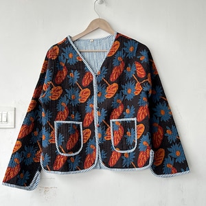 Reversible Hand Block Print Quilted Cotton Jacket - Sari Collar Coat