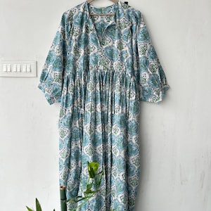 Floral Block Print Cotton Summer Dress: Handcrafted Midi Dress