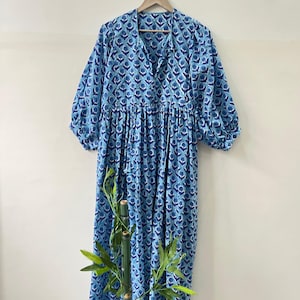 Floral Block Print Cotton Summer Dress: Handcrafted Midi Dress