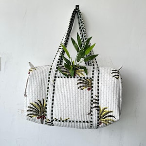Block Printed Cotton Quilted Duffle Bag: Handmade Travel Shoulder Bag