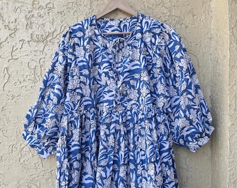 Floral Block Print Cotton Summer Dress: Handcrafted Midi Tunic