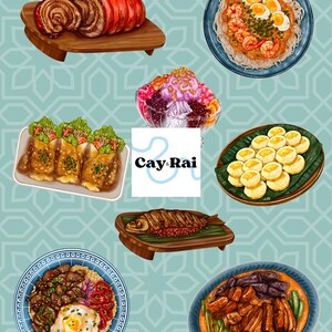 Pu&ograve; includere: Una collezione di piatti filippini, tra cui un piatto di lechon, una ciotola di halo-halo, un piatto di lumpia, un piatto di pancit, un piatto di adobo, un piatto di kwek-kwek e un piatto di sinigang. I piatti sono disposti su uno sfondo a motivi blu e bianchi con il testo "Cay & Rai" al centro.