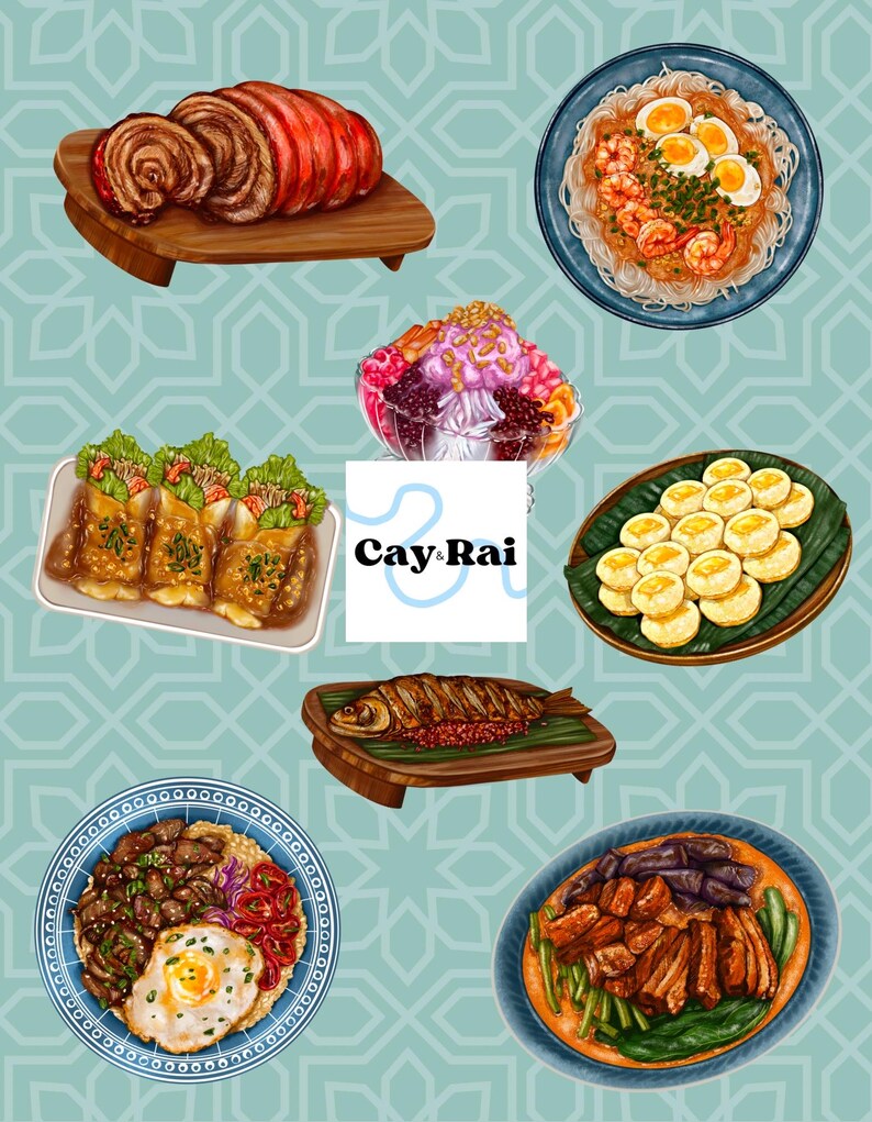 Pu&ograve; includere: Una collezione di piatti filippini, tra cui un piatto di lechon, una ciotola di halo-halo, un piatto di lumpia, un piatto di pancit, un piatto di adobo, un piatto di kwek-kwek e un piatto di sinigang. I piatti sono disposti su uno sfondo a motivi blu e bianchi con il testo "Cay & Rai" al centro.