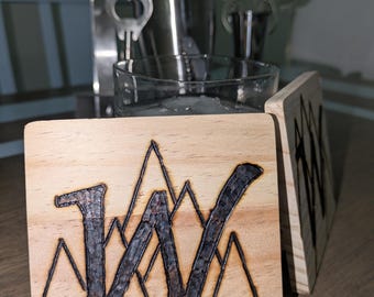 Monogrammed Mountain Wooden Coaster Set | Rustic Burnt Wood Décor