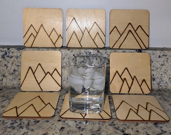 Handcrafted Burnt Wood Mountain Coaster Set | Rustic Home Decor