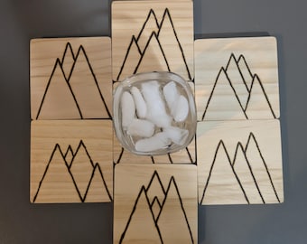 Burnt Wood Mountain Coaster Set | Rustic Engraved Natural Wood