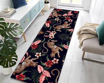 Leopard Tropical Floral Runner Rug, Jungle Animal Print Hallway Carpet, Exotic Flower Kitchen Mat, Maximalist Home Decor, Non-Slip Rug