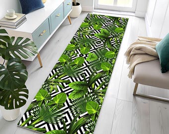 Tropical Palm Leaf Runner Rug - Modern Geometric Black & White Pattern Carpet - Washable Non-Slip Kitchen Runner - Green Monstera Home Decor