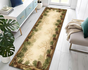 Rustic Pinecone Hallway Runner Rug, Farmhouse Woodland Kitchen Runner, Nature Lodge Cabin Entryway Carpet
