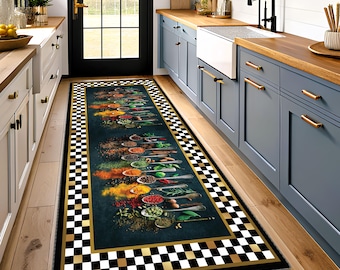 Spices Kitchen Runner Rug - Checkered Runner - Checkered Border Culinary Hallway Carpet - Washable Non-Slip Foodie Decor - Chef Style Rug
