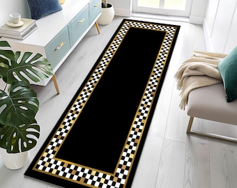 Checkered Runner Rug, Golden Detaill, Chic Black and White, Rectangle Hallway Mat, Stylish Entryway Carpet, Modern Home Decor, Checkered Rug