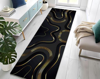 Black and Gold Runner Rug, Black & Gold Abstract Runner Rug, Runner Rug, Natural Stone Texture Area Rug, Home Decor, Area Rug, Bedroom Rug