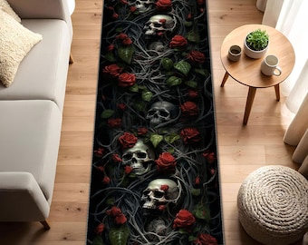 Gothic Skull and Red Roses Runner Rug - Dark Floral Hallway Carpet - Washable Non-Slip Spooky Home Decor - Macabre Aesthetic Entryway Rug