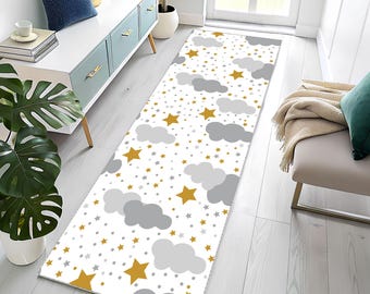 Star and Cloud Nursery Runner Rug - Cute Gray & Gold Kids Room Carpet - Washable Non-Slip Playroom Mat - Gender Neutral Baby Shower Gift
