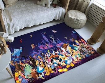 Cartoon Characters Rug, Colorful Nursery Decor, Custom Cotton Rug