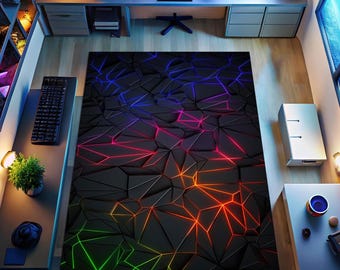 May include: A black geometric rug with a 3D effect, illuminated by vibrant neon colors. The rug features a complex pattern of interconnected shapes, with glowing lines in shades of green, orange, red, and blue. The rug is placed in a modern office setting.
