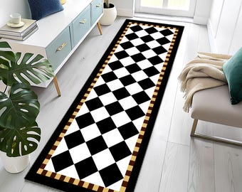 Checkered Runner Rug, Golden Detaill, Chic Black and White, Rectangle Hallway Mat, Stylish Entryway Carpet, Modern Home Decor, Checkered Rug
