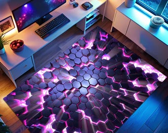 May include: A geometric area rug with a 3D hexagonal pattern in shades of purple, black, and pink. The rug has a modern design with a glowing effect, creating a futuristic aesthetic. The rug is placed on a wooden floor.